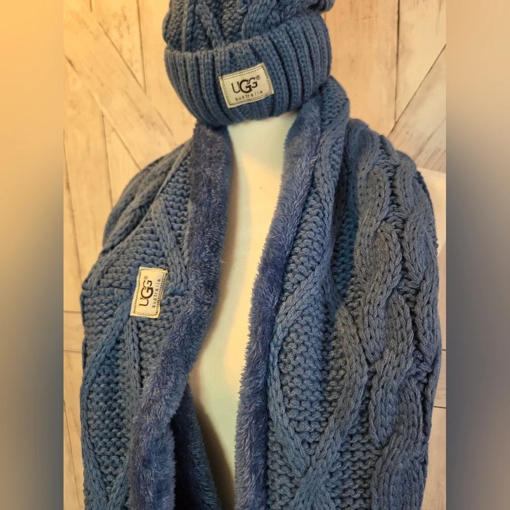 UGG Blue Knit Beanie and Scarf Set